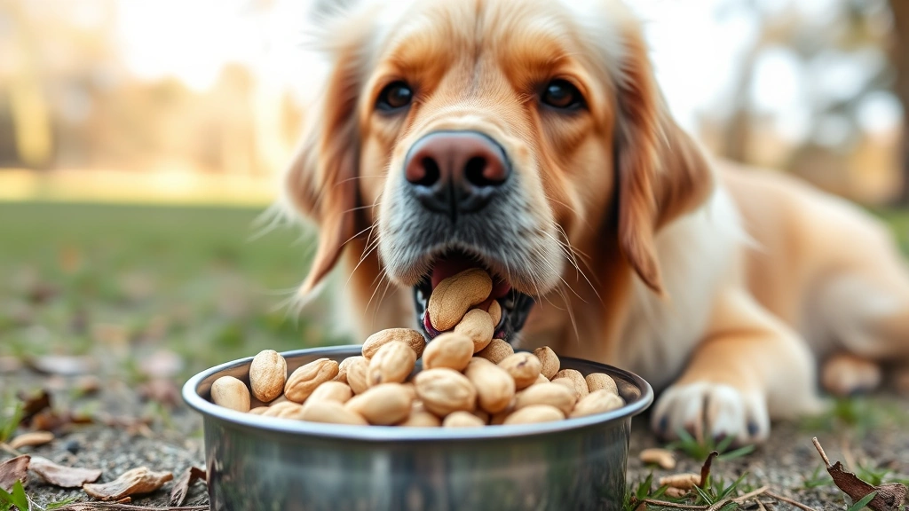 Golden Retriever enjoying plain boiled peanuts in a stainless steel bowl outdoors, focused dog face, natural daylight, no text