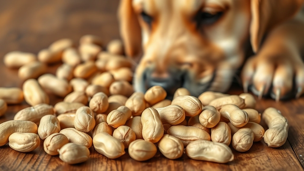 Close-up of unsalted boiled peanuts in shells on wooden surface with curious Labrador puppy sniffing nearby, warm lighting, photorealistic
