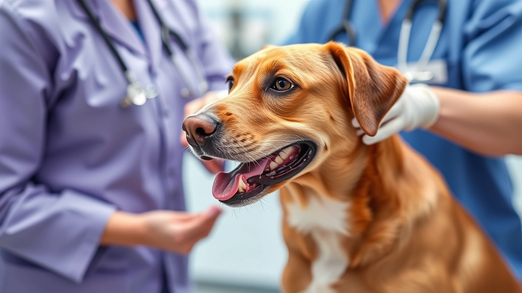 Veterinarian examining healthy brown dog in clinic setting, dog appearing content and healthy, professional medical environment, no text visible