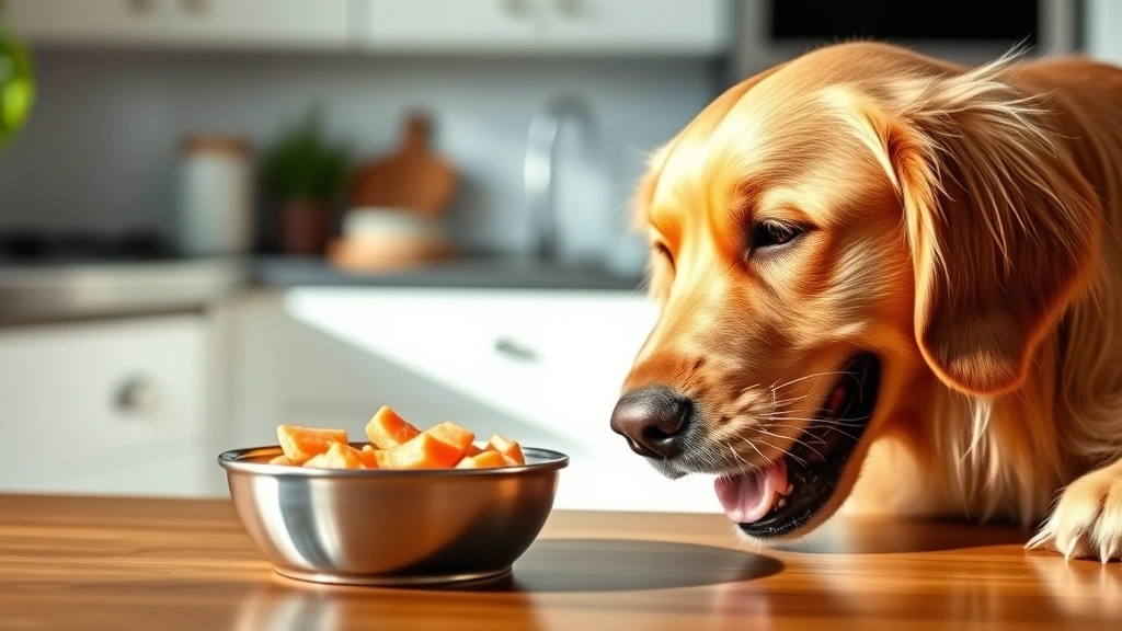 Golden Retriever happily eating canned salmon from a bowl, dog's face close to food, bright kitchen setting, natural daylight