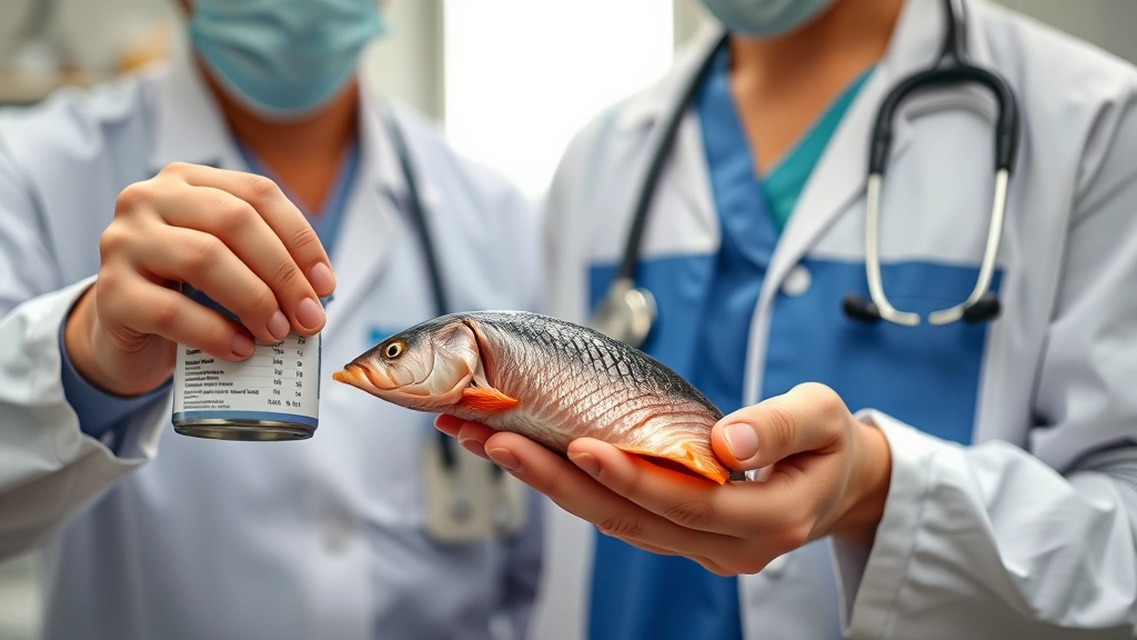 Veterinarian holding can of salmon and examining it, professional clinic environment, doctor pointing to nutrition label details