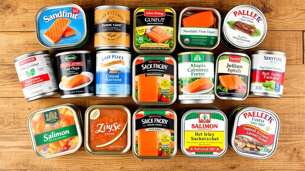 Multiple canned salmon products arranged on wooden surface showing different brands and labels, product comparison display, overhead view