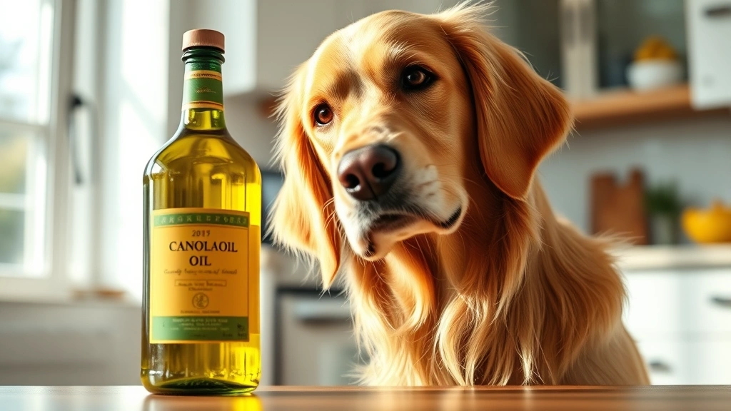 Golden retriever sniffing a bottle of canola oil in a bright kitchen, curious expression, natural lighting, photorealistic