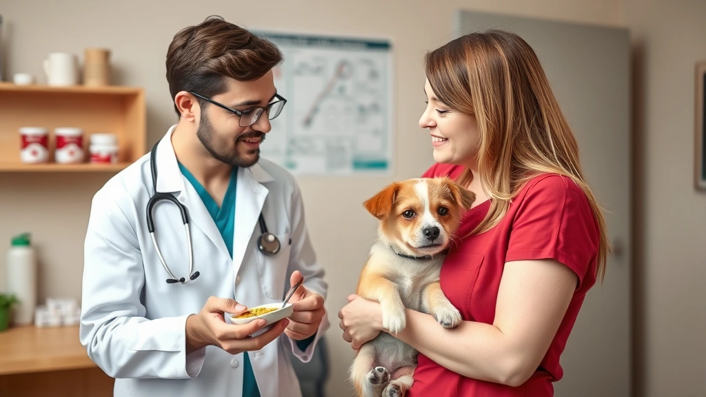 Veterinarian discussing nutrition with dog owner holding a small dog, warm clinic setting, educational consultation scene