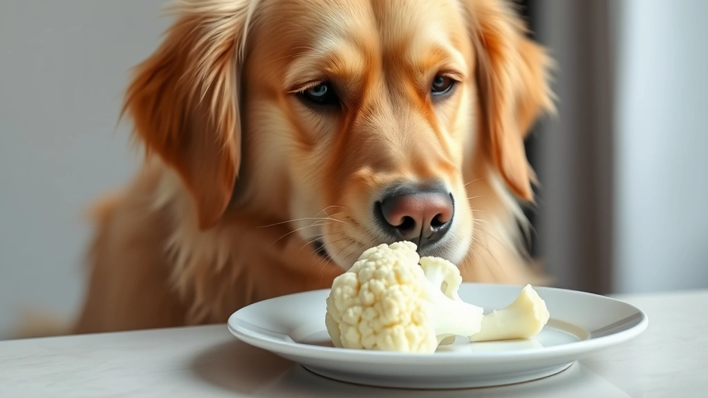 can dogs have cauliflower - A happy golden retriever with a soft expression looking at a fresh cauliflower f