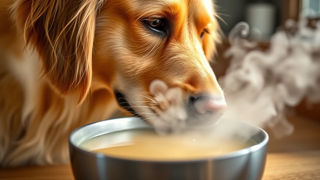Golden retriever sniffing a steaming bowl of plain chicken broth, warm vapor rising, focused curious expression, soft kitchen lighting, close-up of dog's face