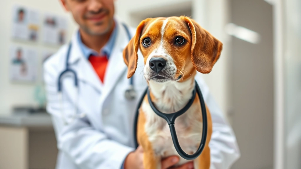 Veterinarian in white coat examining a small beagle with stethoscope in clinical setting, professional medical environment, concerned but caring demeanor