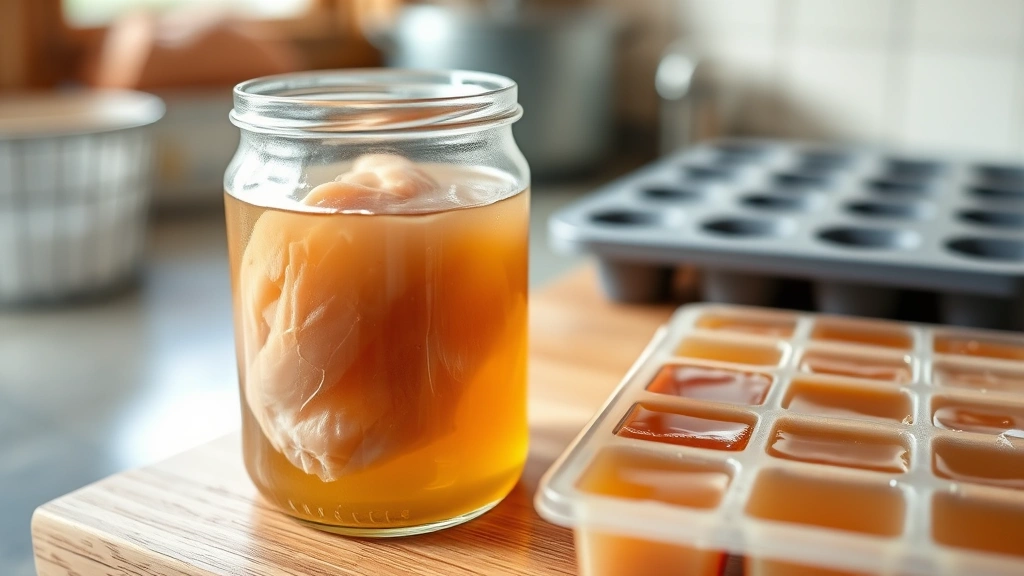 Homemade dog-safe chicken broth in glass container with fresh chicken breast visible, ice cube tray with frozen broth cubes, natural kitchen light