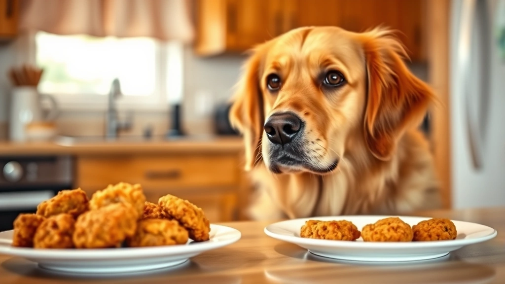 Golden Retriever looking at plate of chicken nuggets on table, interested but concerned expression, warm kitchen lighting, shallow depth of field