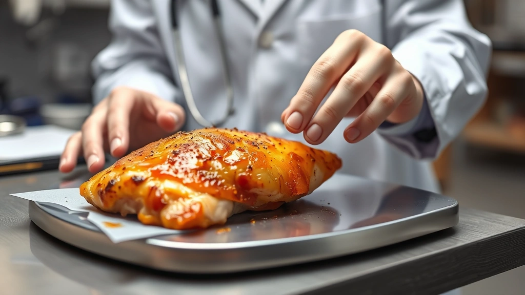 Veterinarian examining golden-brown cooked chicken breast on examination table, professional clinic setting, focused on quality protein source for dogs