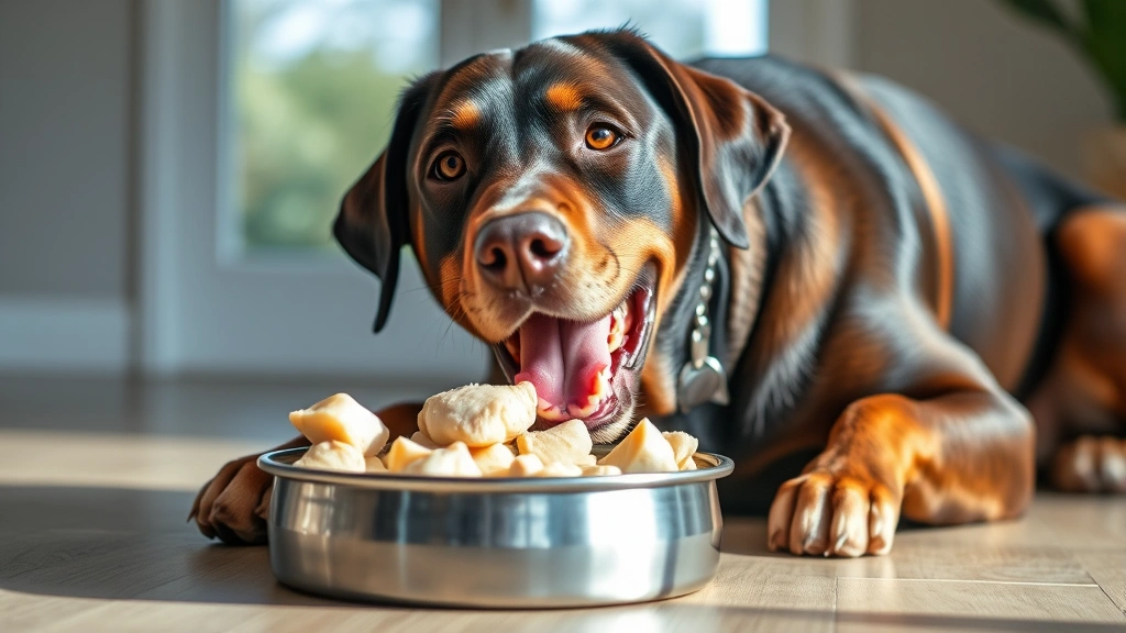 Happy Labrador Retriever eating plain boiled chicken pieces from stainless steel bowl, healthy mealtime, natural daylight through window