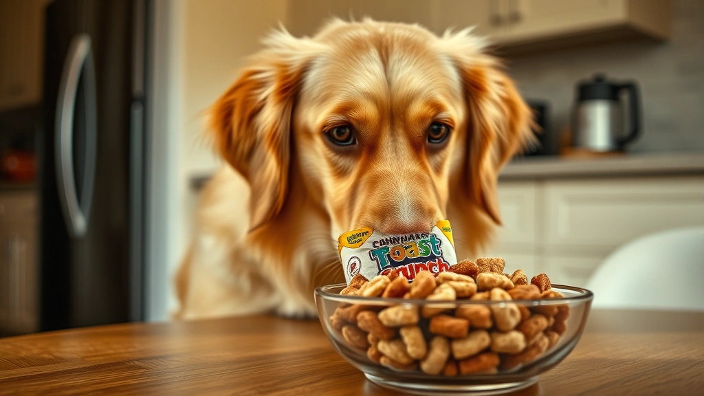 Golden retriever looking at a bowl of Cinnamon Toast Crunch cereal on a kitchen table, dog's face showing curiosity and longing, warm natural lighting, close-up shot
