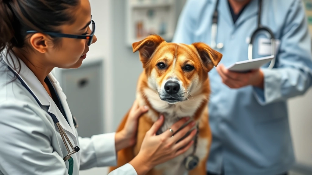 Veterinarian examining a medium-sized mixed breed dog during a health check, professional clinic environment, doctor writing notes, concerned but caring interaction