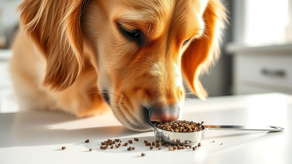 Close-up of a golden retriever sniffing ground cloves in a metal measuring spoon on a white kitchen counter, curious expression, morning light