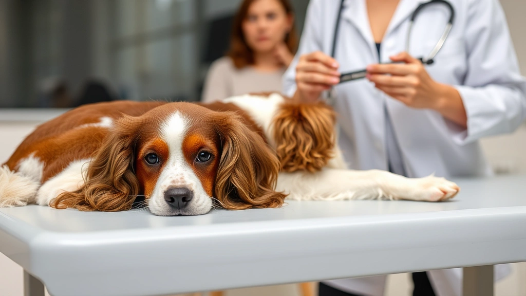 Brown and white spaniel lying on a veterinary examination table while a female vet in white coat listens with stethoscope, concerned owner in background