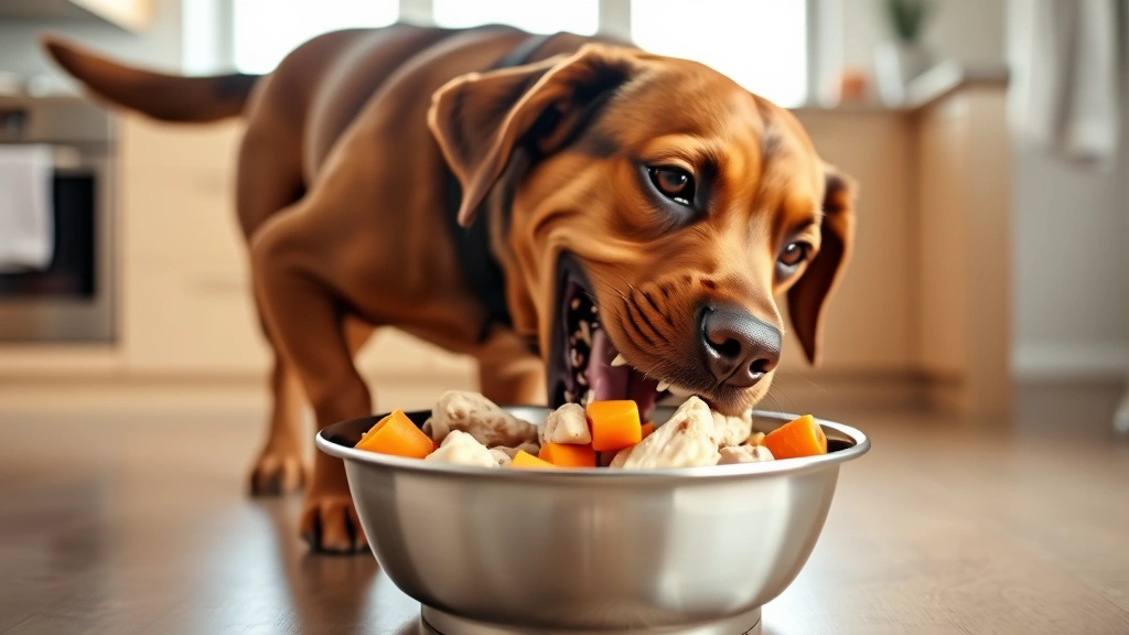 Happy labrador eating from a stainless steel bowl filled with plain cooked chicken and carrot pieces, bright kitchen setting, tail wagging mid-motion