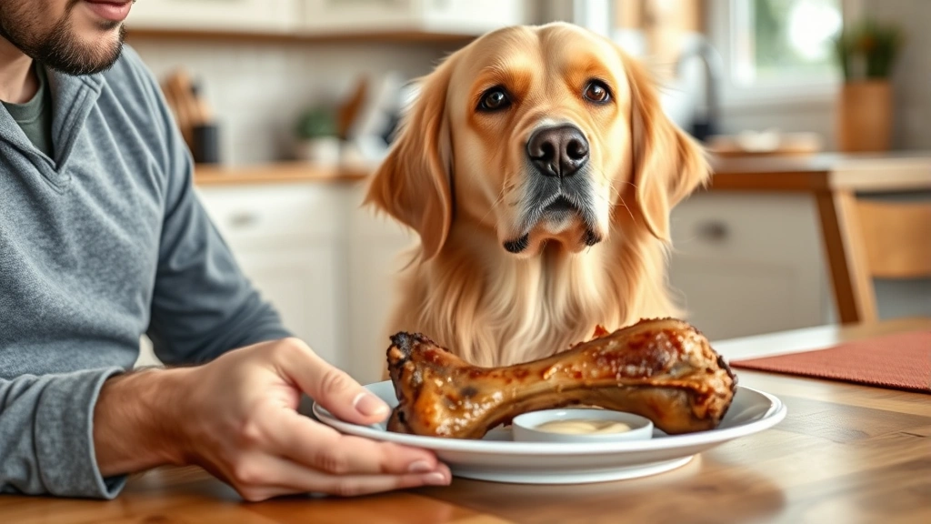 Golden Retriever sitting attentively at dining table, owner holding plate with cooked pork bone, concerned expression, kitchen background, natural lighting