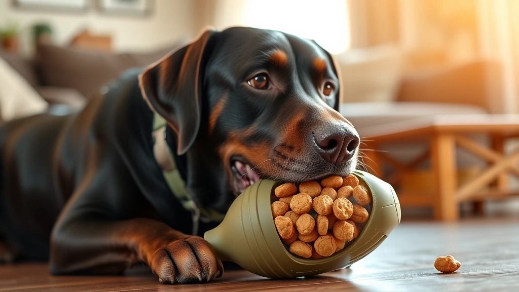 Labrador happily chewing on rubber Kong toy filled with treats, focused expression, cozy living room background, warm natural light