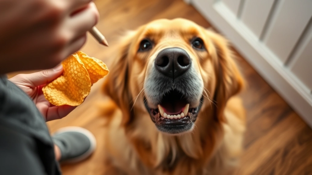 Golden Retriever looking up at someone eating corn chips with curious expression, sitting on hardwood floor, warm natural lighting, close-up face shot