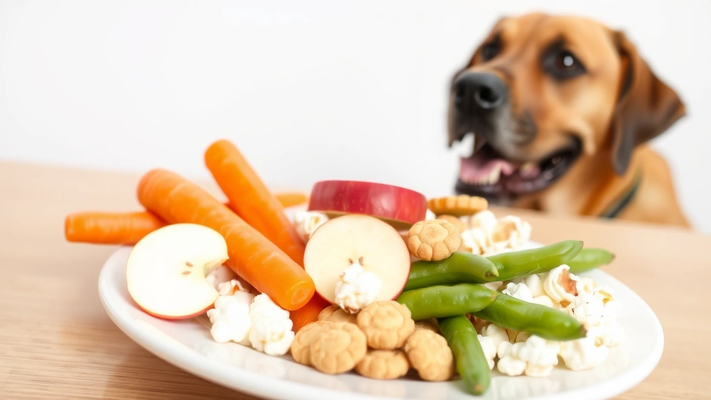 Assorted healthy dog snacks displayed on white plate: raw carrots, apple slices, plain popcorn, green beans, with happy Labrador in background looking at treats