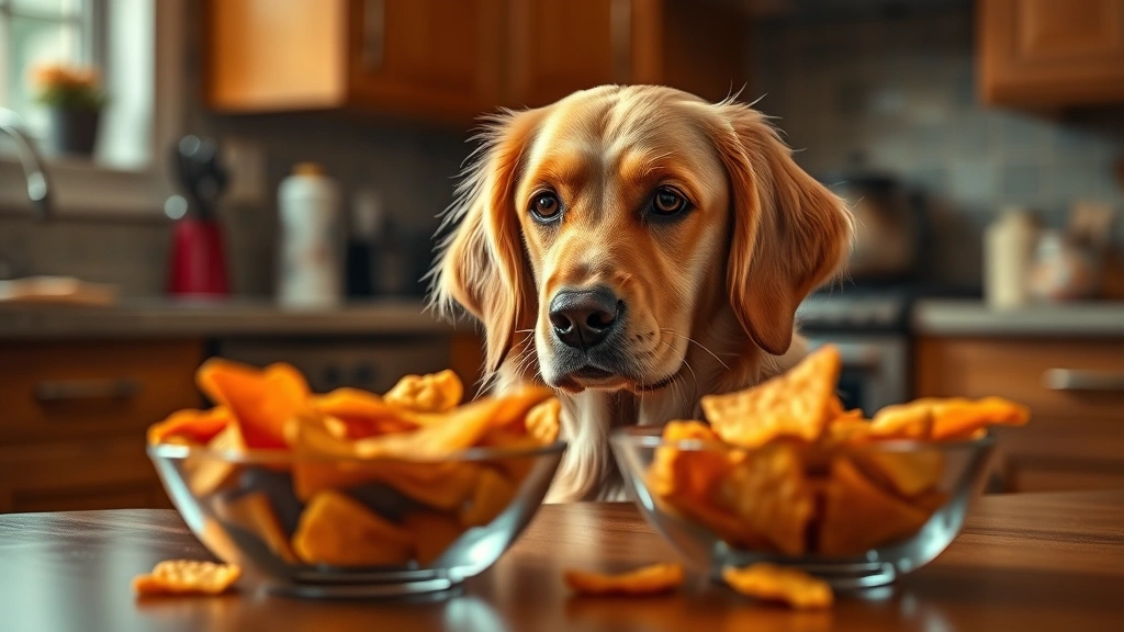 Golden Retriever sitting at table looking at bowl of Doritos chips, curious expression, warm kitchen lighting, shallow depth of field