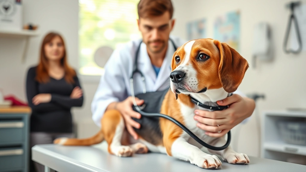 Veterinarian examining beagle on examination table with stethoscope, professional clinic setting, concerned owner in background, natural daylight