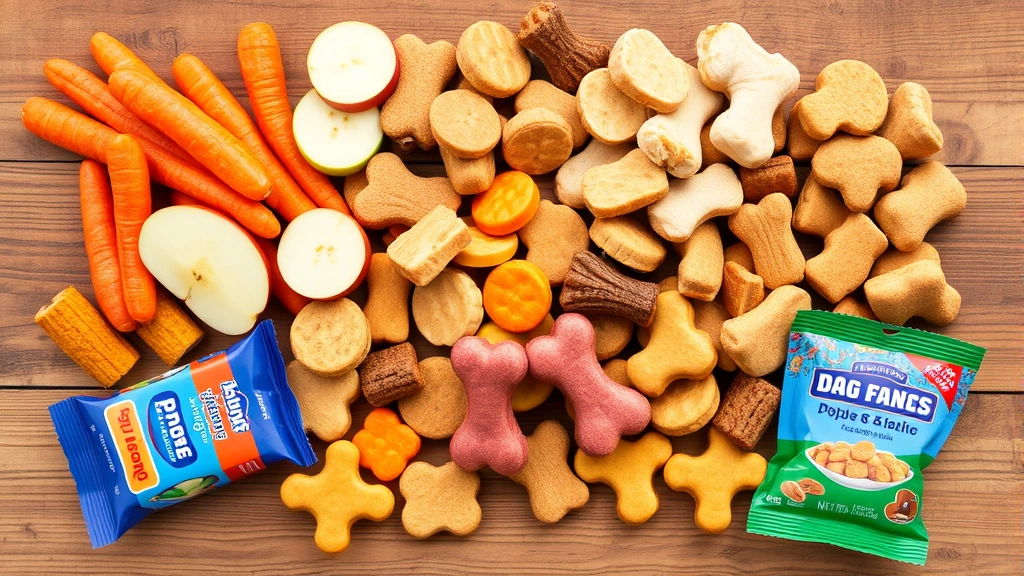 Colorful assortment of healthy dog treats including carrots, apple slices, chicken pieces, and commercial dog treats on wooden surface, appetizing arrangement