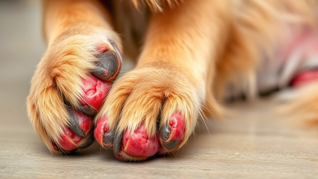 Close-up of a golden retriever's inflamed red paws and belly skin with visible irritation, dog licking paw in discomfort