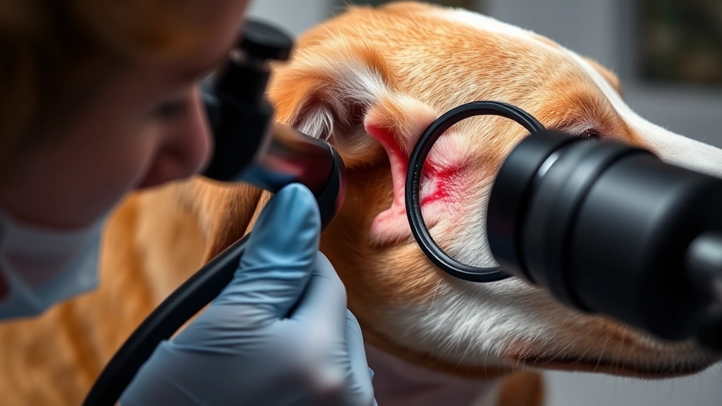 Veterinarian examining a dog's ear canal with otoscope, showing redness and inflammation typical of eczema-related ear infection