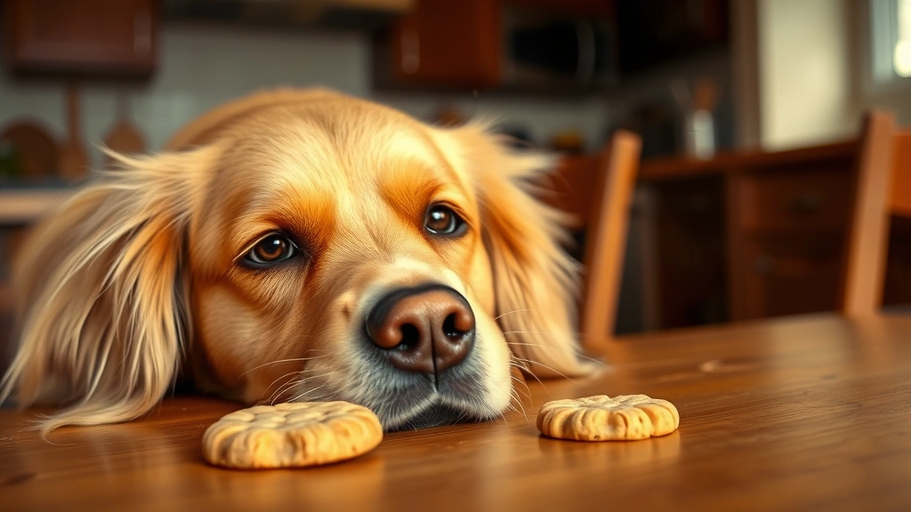 Close-up of a golden retriever sniffing a ginger snap cookie on a wooden table, curious but cautious expression, warm kitchen lighting