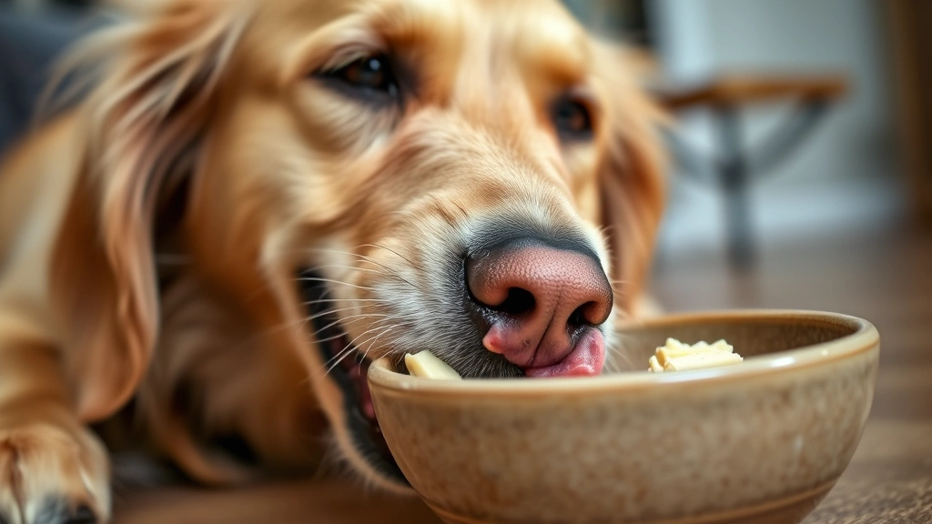 Close-up of a golden retriever happily eating a tiny piece of plain goat cheese from a ceramic bowl, indoors with natural lighting, dog's tongue slightly out