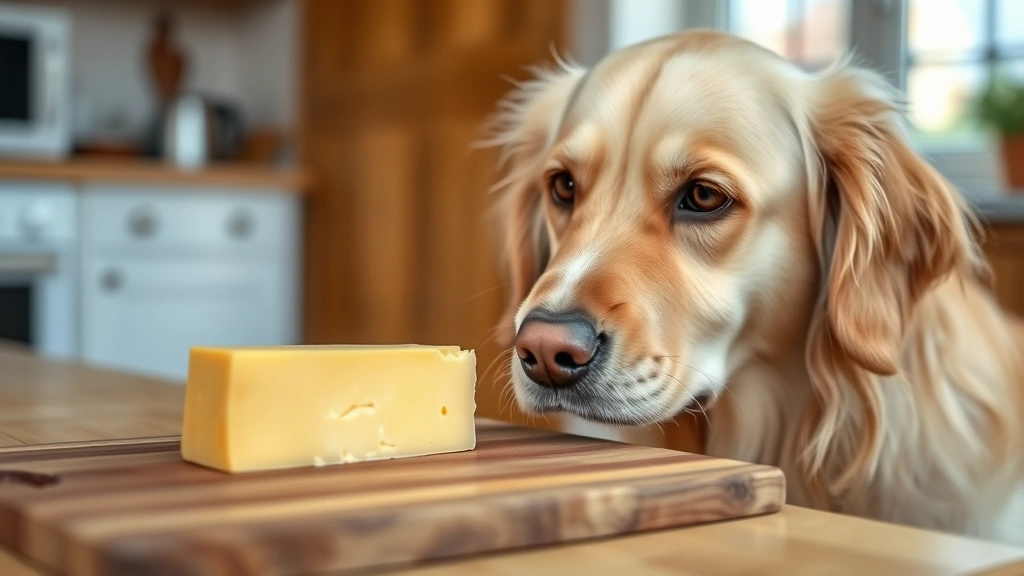 Golden retriever looking at slice of Gouda cheese on wooden cutting board, curious expression, indoor kitchen setting, natural lighting, shallow depth of field