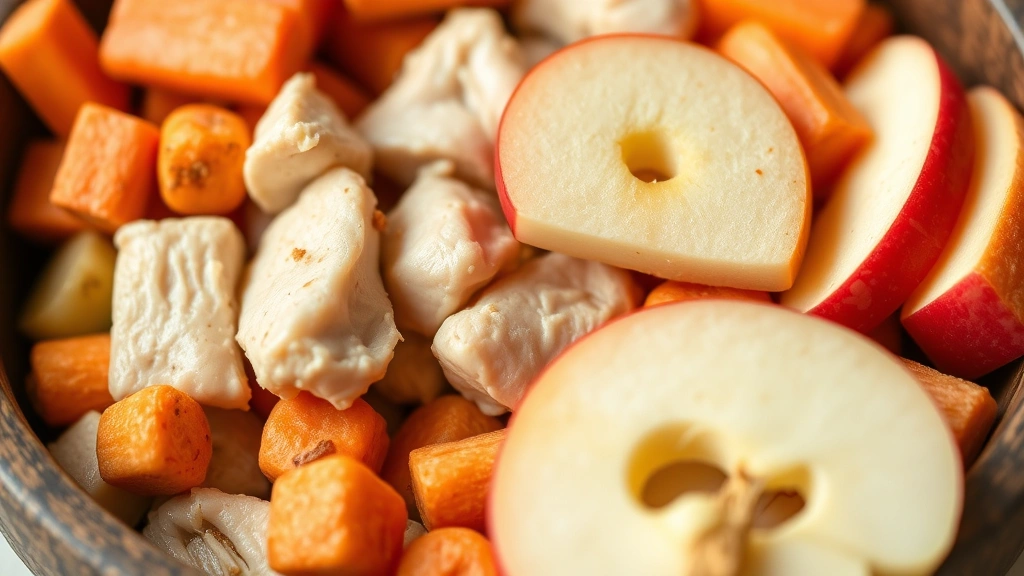 Close-up of various dog-safe treat options including carrots, chicken pieces, and apple slices arranged in bowl, warm natural light, appetizing presentation