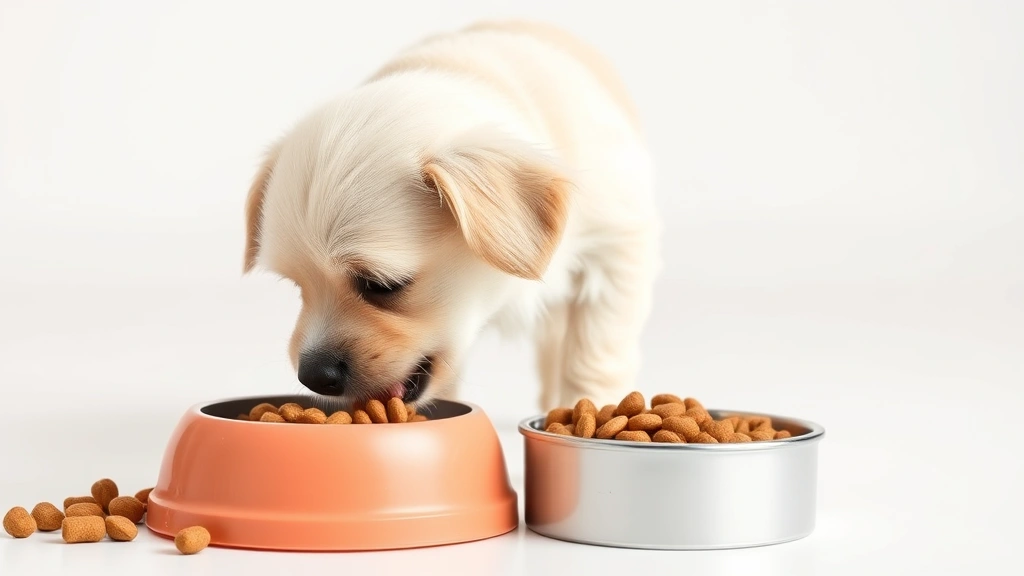 Small cream-colored dog eating from food bowl with healthy kibble, clean background, happy satisfied expression, side profile view