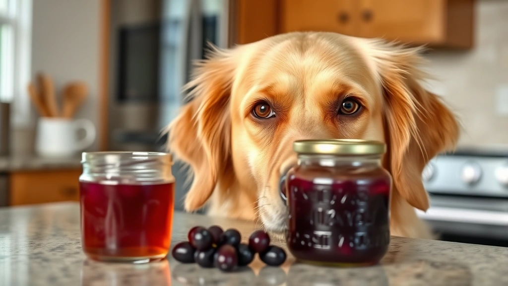 Golden retriever looking at jar of grape jelly on kitchen counter, concerned expression, natural lighting, close-up of dog's face