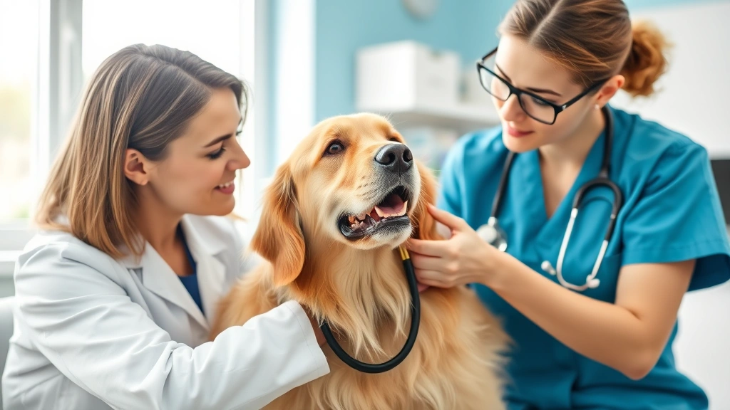 Veterinarian examining golden retriever with stethoscope in bright clinic, professional setting, caring interaction, diagnostic assessment