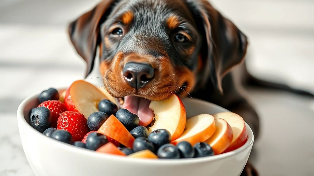 Happy labrador puppy enjoying safe blueberries and apple slices in bowl, vibrant fresh fruits, playful dog, natural daylight