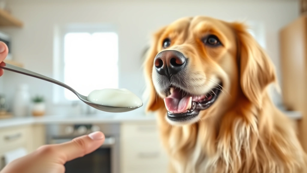 can dogs have greek yogurt - A happy golden retriever looking at a spoonful of plain white Greek yogurt being