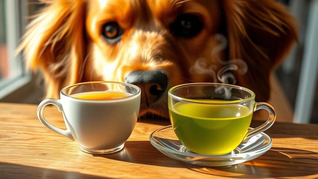 Close-up of a golden retriever looking curiously at a steaming cup of green tea on a wooden table, concerned expression, bright natural lighting, shallow depth of field