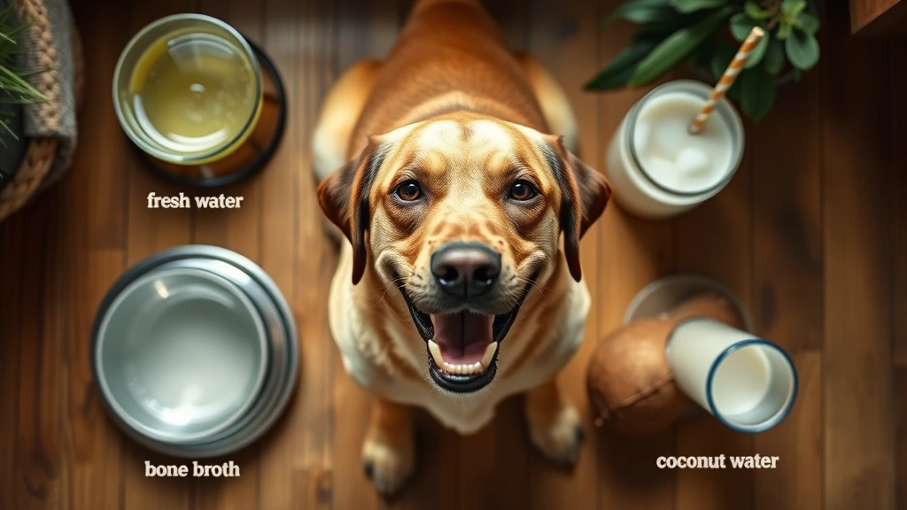 Overhead shot of various dog-safe hydration options including fresh water bowl, bone broth in a glass, and coconut water, arranged around a happy labrador, warm home setting
