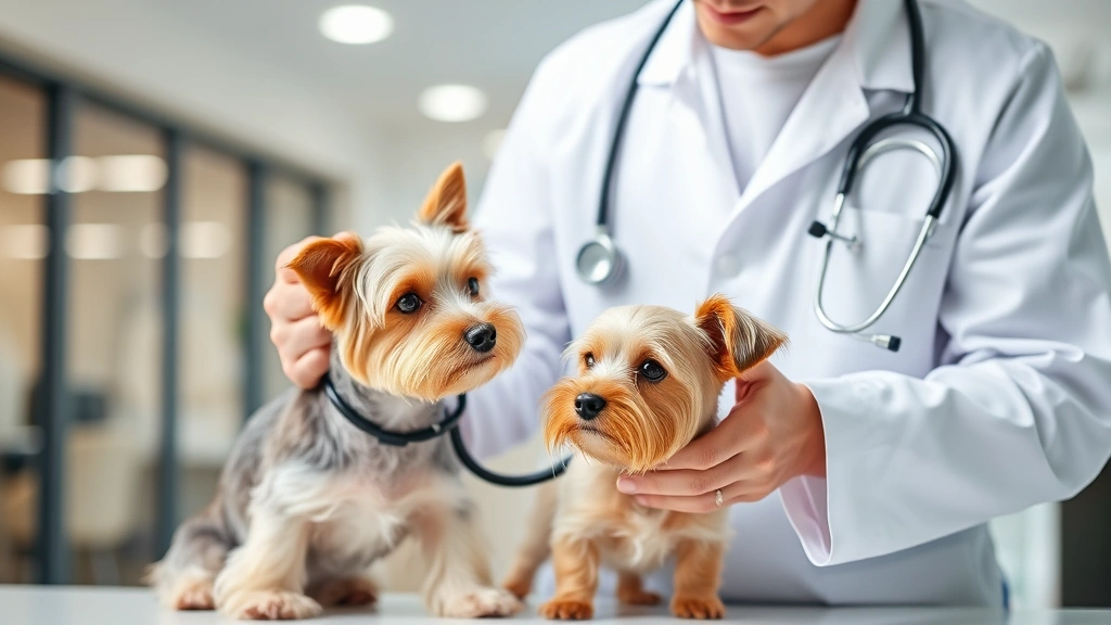 Veterinarian in white coat examining a small terrier with stethoscope, modern clinic background, professional medical environment, calm and reassuring atmosphere