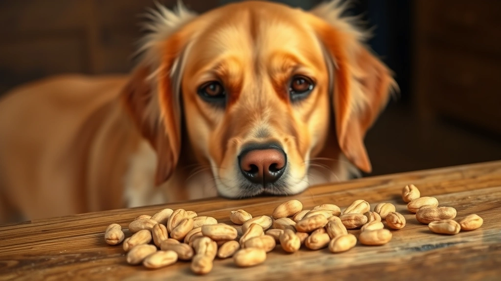 Golden retriever looking at honey roasted peanuts on wooden table, curious expression, peanuts in focus, warm lighting, dog's face showing interest but uncertainty