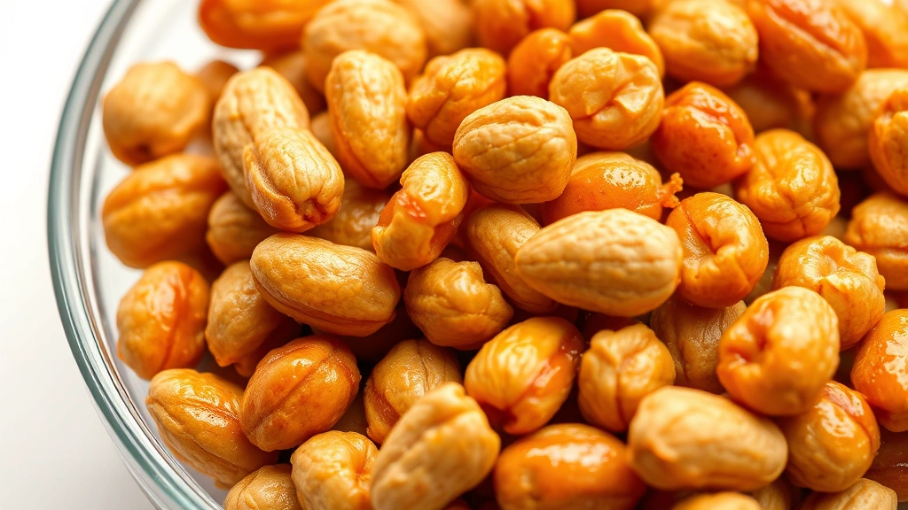 Close-up of honey roasted peanuts in a clear glass bowl with shiny honey coating visible, isolated on white background, showing detail and texture