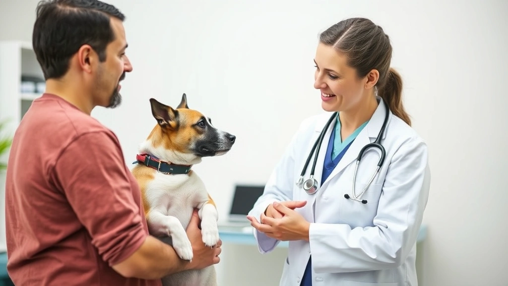 Veterinarian in white coat discussing with dog owner holding small dog, friendly consultation setting, professional medical environment, both looking serious but caring