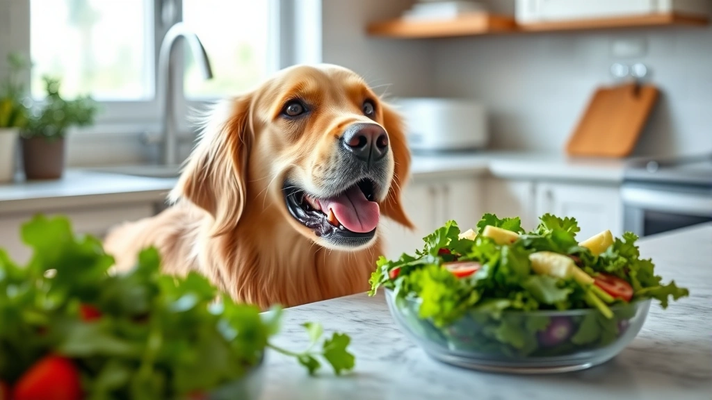 can dogs have lettuce - A happy golden retriever looking at a fresh green salad on a kitchen counter, cu