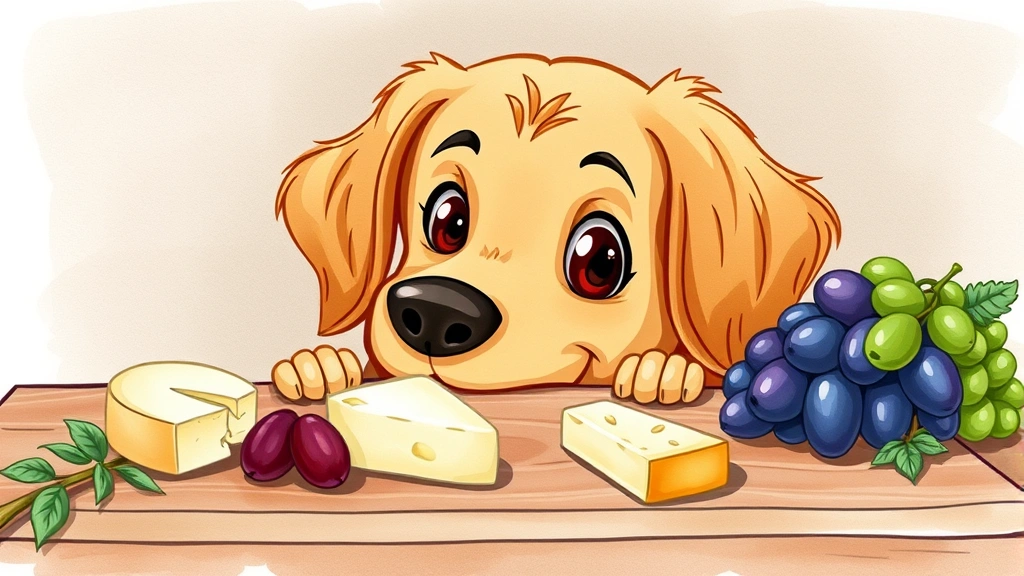can dogs have olives - Cartoon golden retriever looking curiously at a wooden charcuterie board with ol