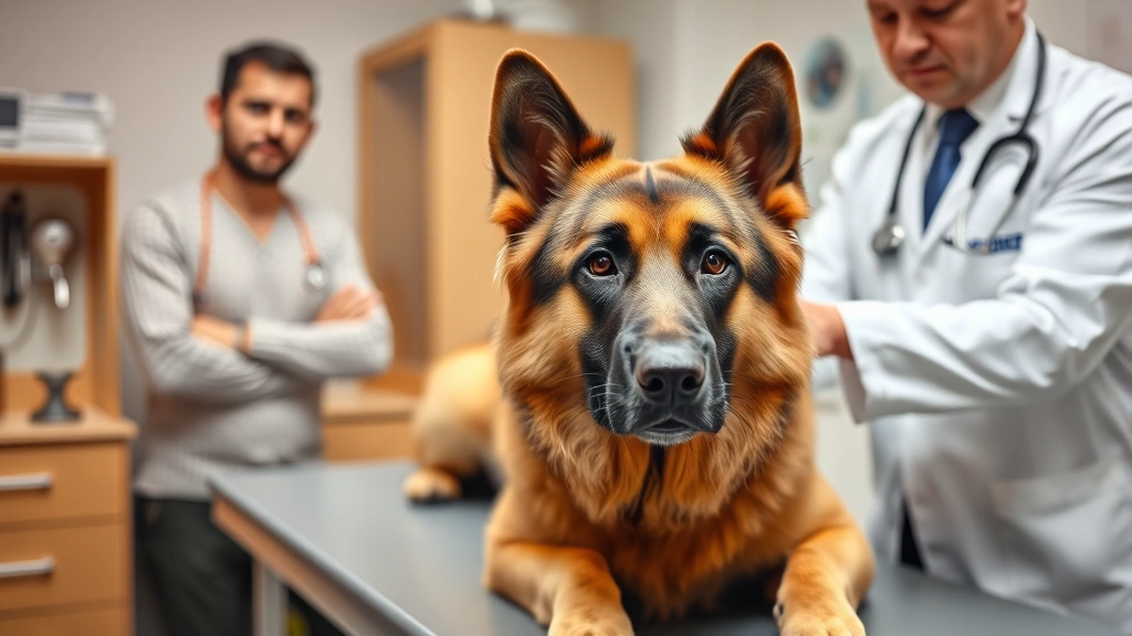 Veterinary examination room scene with German Shepherd on examination table, concerned dog owner in background, professional vet checking dog's health