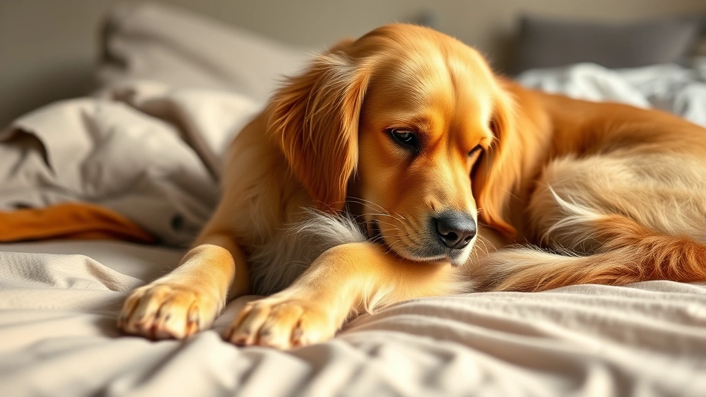 can dogs have pepto bismol - A golden retriever lying on a soft bed looking uncomfortable, holding paw to sto