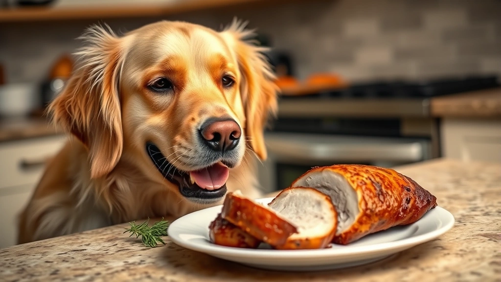 can dogs have pork - A happy golden retriever looking at a plate of plain cooked pork loin on a kitch