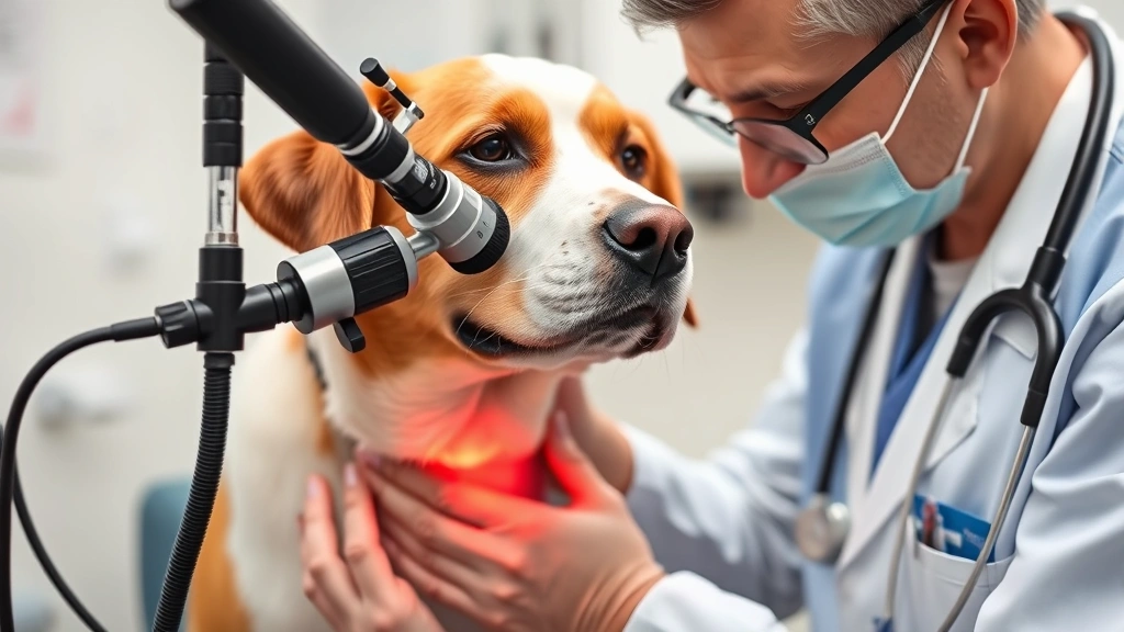 Veterinarian examining white and brown dog's skin with otoscope and magnifying glass during diagnostic assessment, clinical examination room, professional setting, focused on skin lesion inspection